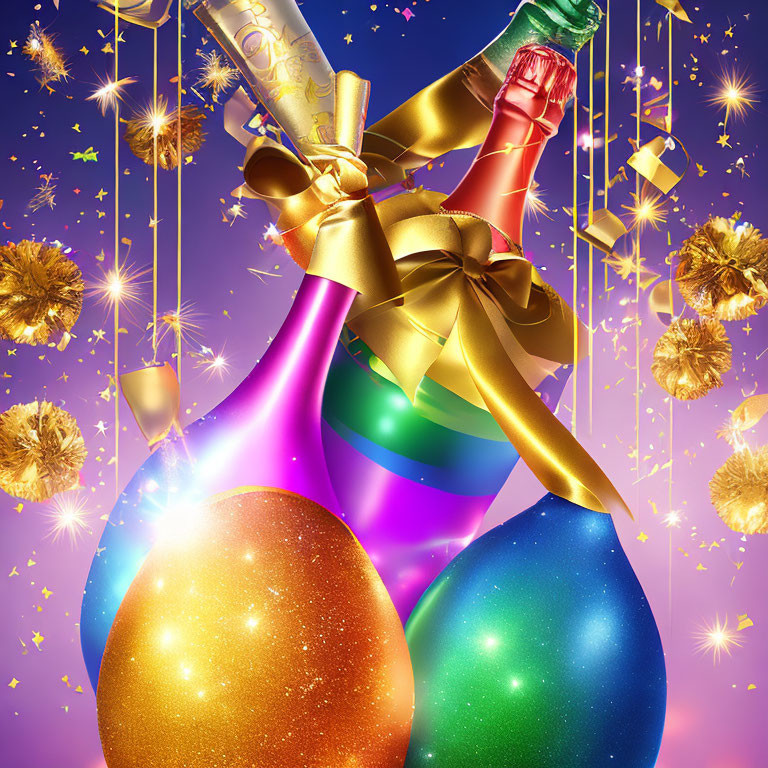 Festive Champagne Bottles and Christmas Decorations on Starry Background