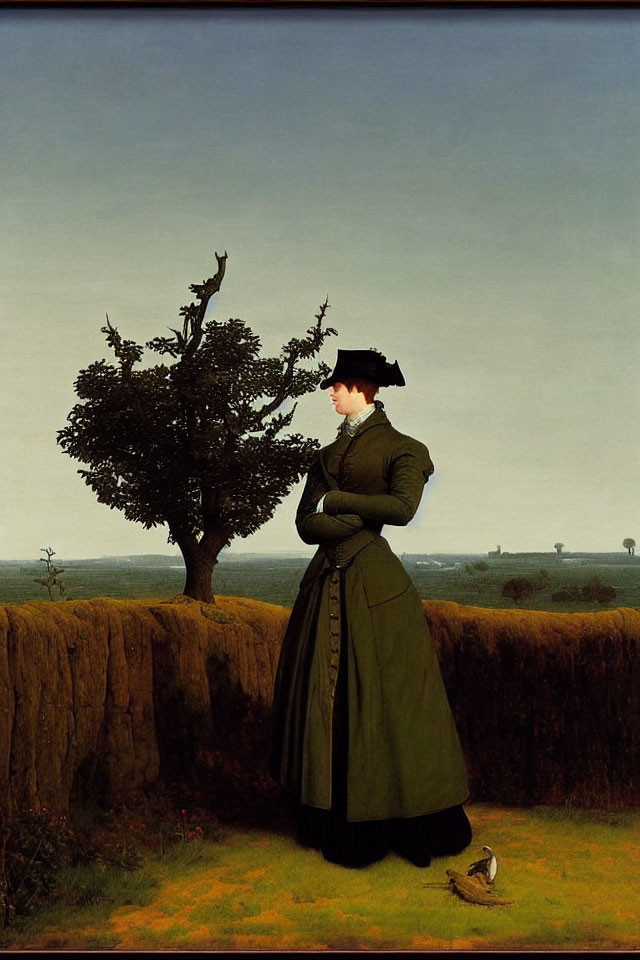 Woman in Green Dress and Hat By Fence with Bird and Leafless Tree