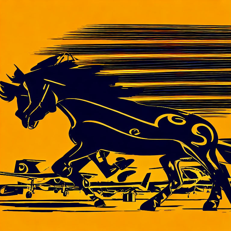 Running horse silhouette on vibrant orange background with dynamic brush strokes