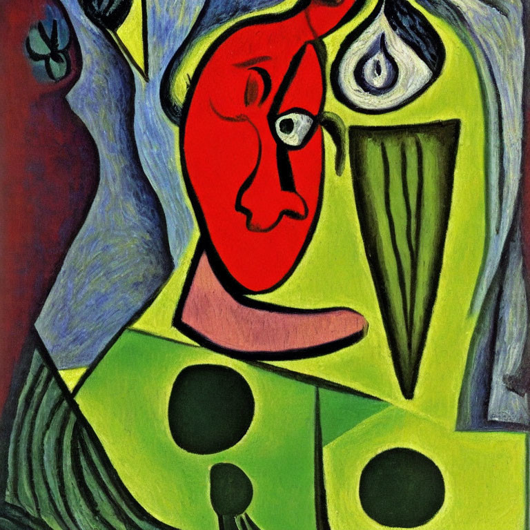 Vibrant Cubist painting with distorted shapes and facial features