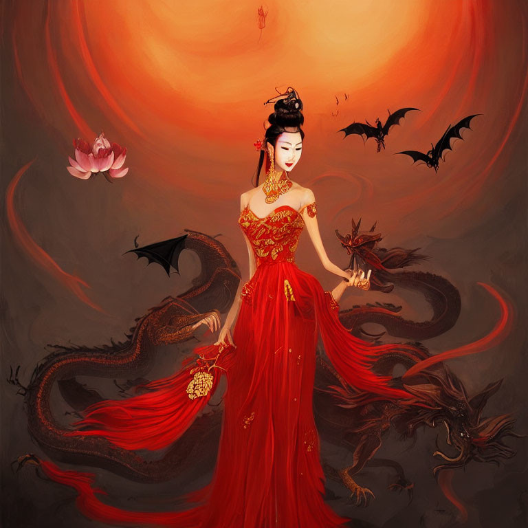 Woman in red traditional Chinese dress with dragons and bats under red sun