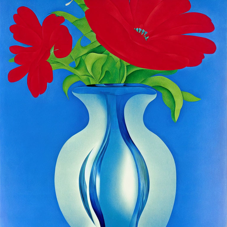 Vibrant red flowers in blue vase on blue background