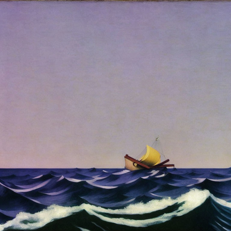 Yellow Boat with White Sail Capsizing in Dark Seas on Purple Sky