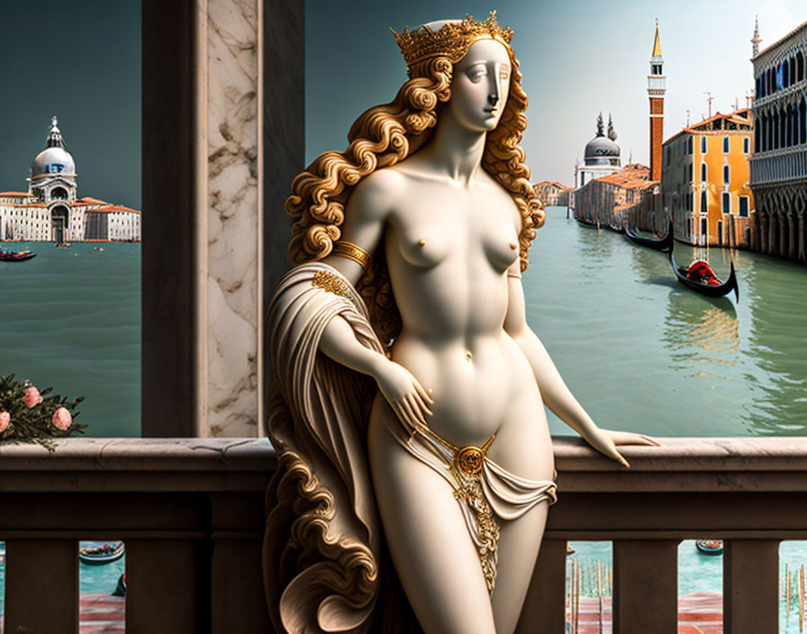 Classical statue with intricate hair and adornments on balcony overlooking Grand Canal