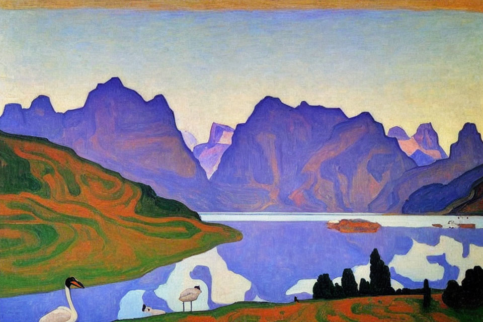 Colorful landscape painting: purple mountains, blue lake, green shores, swans, vast sky