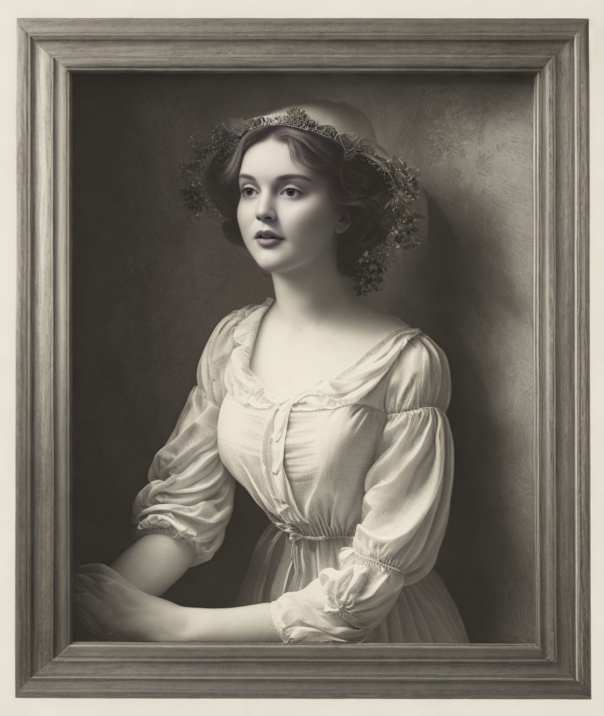 Monochrome portrait of young woman in vintage dress with puffed sleeves