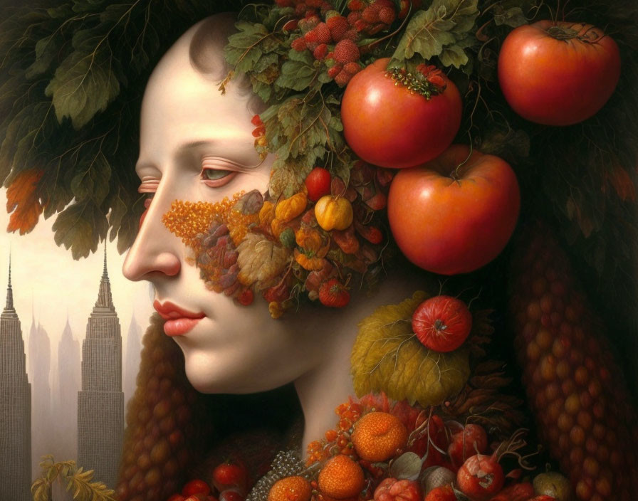 Surrealistic portrait with fruit and vegetable face against cityscape.