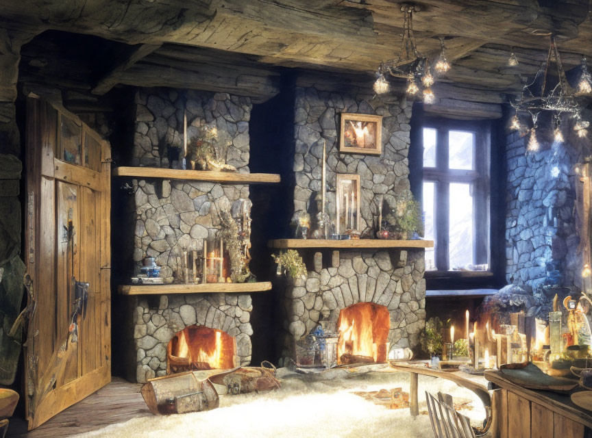 Cozy Stone Cottage Interior with Fireplace and Wooden Decor