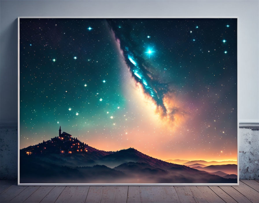 Framed Night Sky with Stars and Galaxy over Silhouetted Landscape