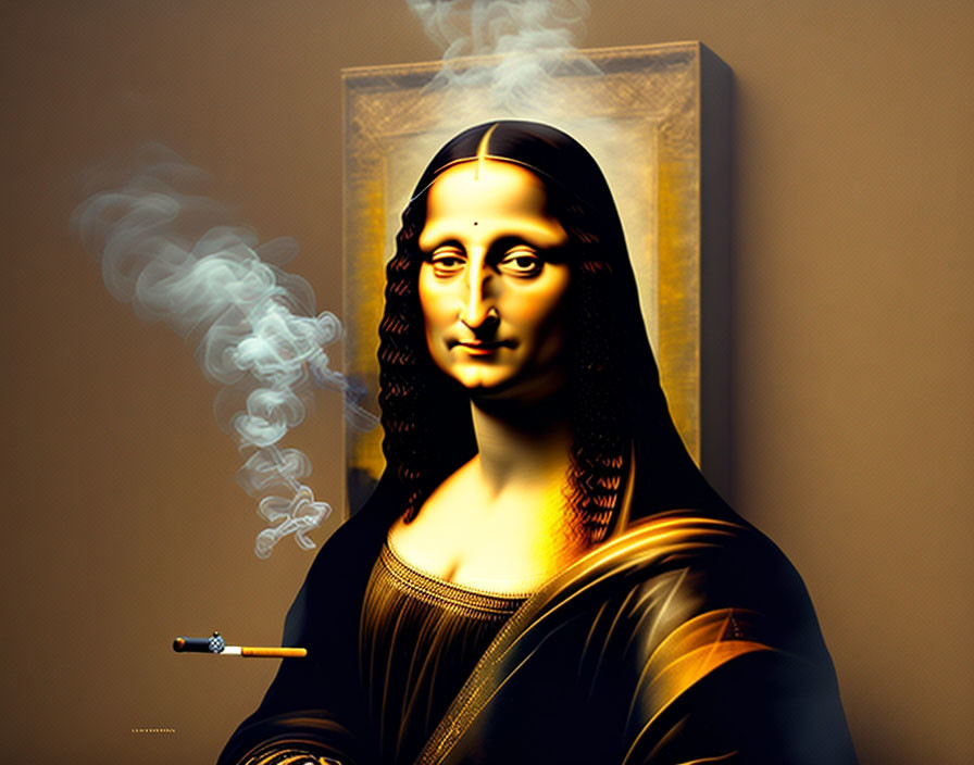 Digital manipulation: Mona Lisa with cigarette and smoke