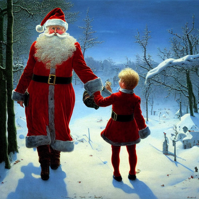 Adult and child in Santa Claus outfits in snowy landscape with twilight backdrop