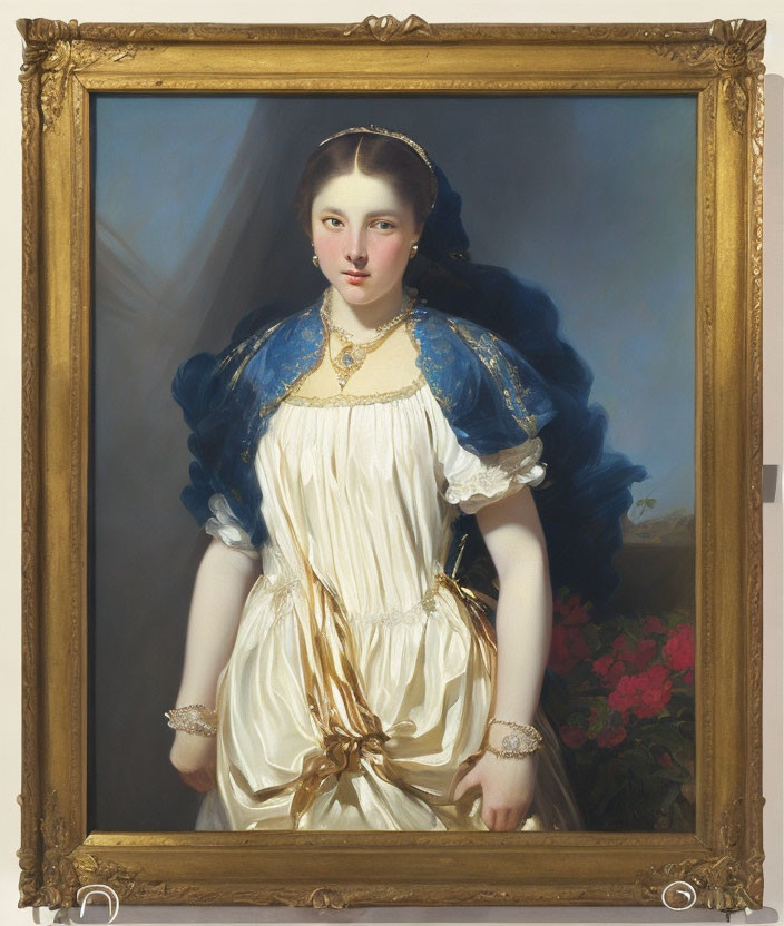 Young woman in white dress with gold sash, blue shawl, and necklace in ornate frame