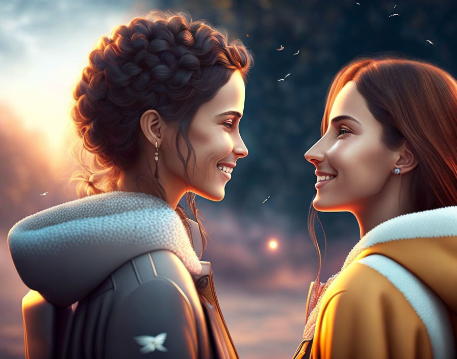 Two women with braided hair smiling at each other in sunset glow