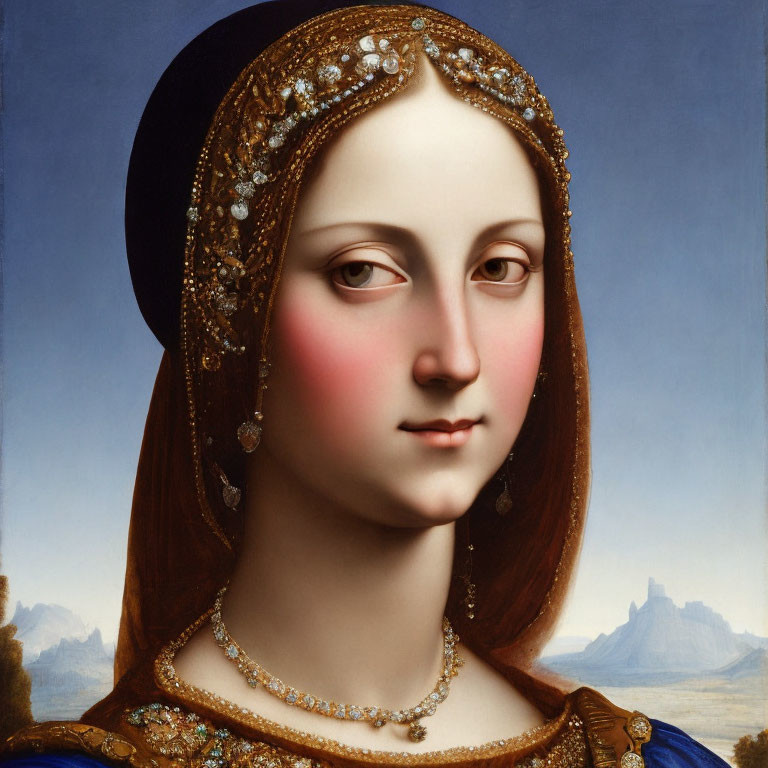 Renaissance-style portrait of a woman in jeweled headpiece & blue gown