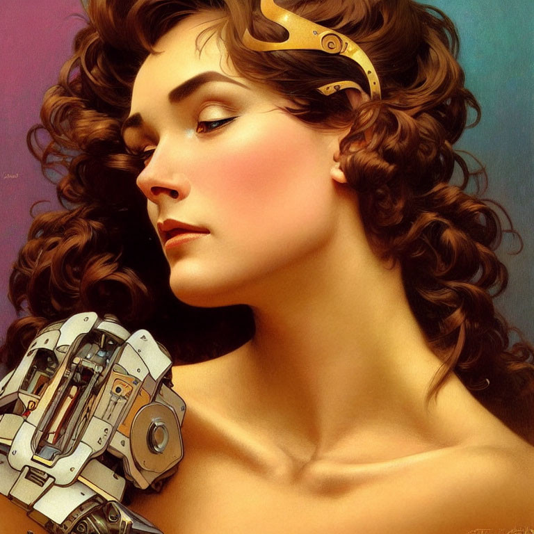 Portrait of woman with curly brown hair and robotic arm, serene expression, warm colors