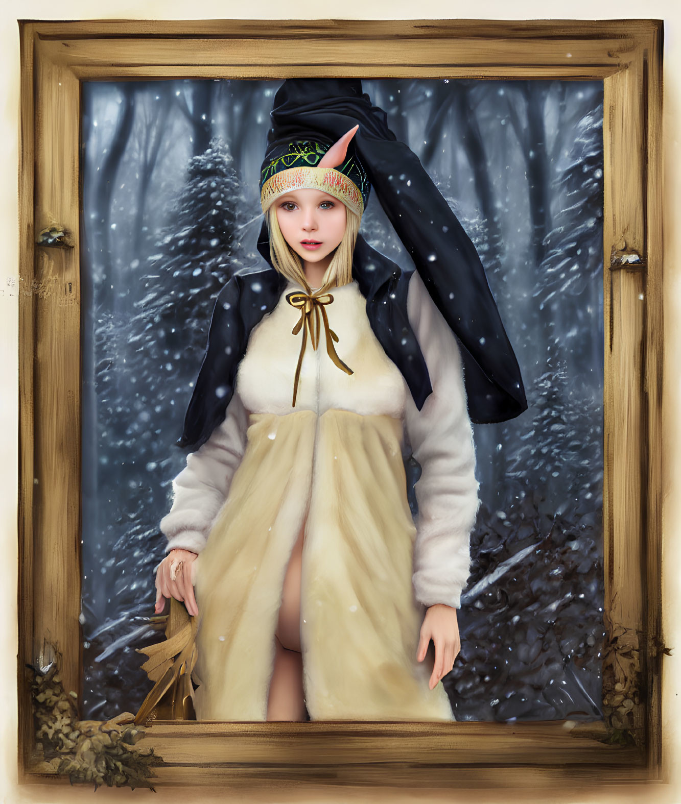 Person in winter attire in snow-covered forest framed like living portrait