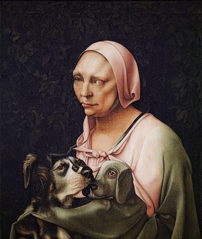 Portrait of somber woman with pink headscarf hugging two dogs on leafy backdrop