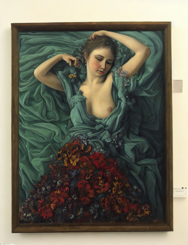 Portrait of Woman with Exposed Shoulders and Flowers in Reflective Pose