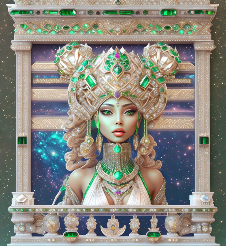 Ornate portrait of woman with cosmic backdrop and regal attire