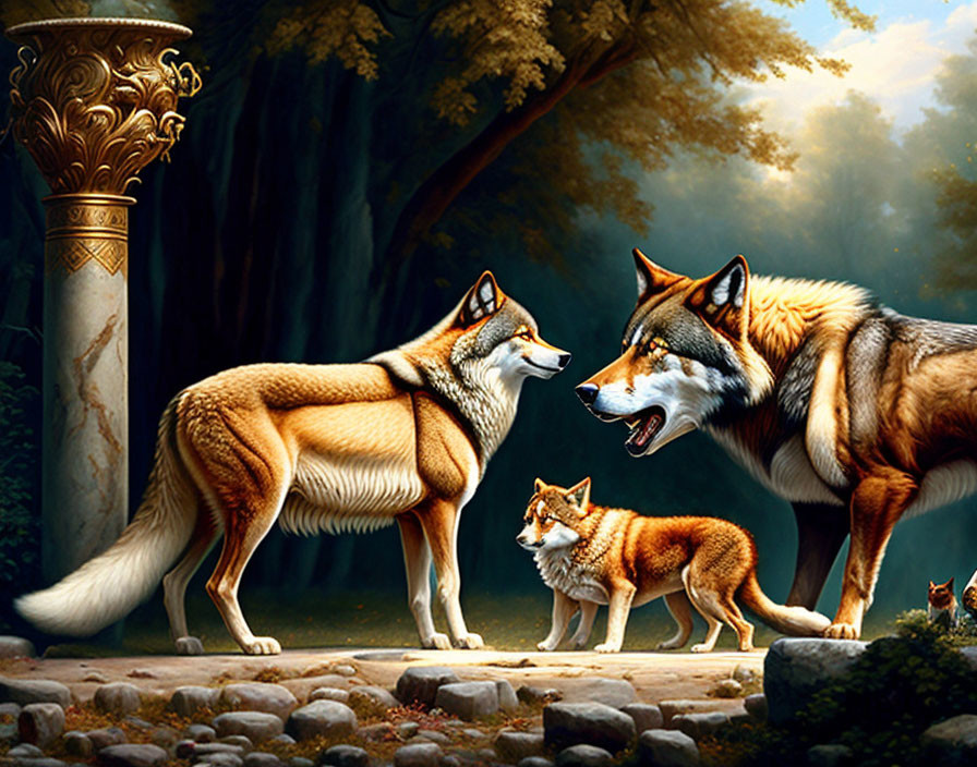 Adult wolves and a pup in forest clearing with classical column