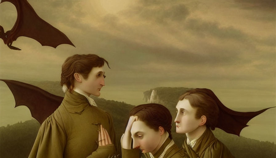 Surreal painting featuring three winged figures in cloudy sky