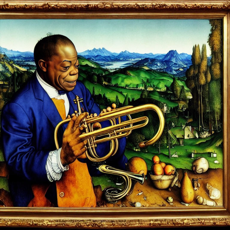 Caricatured Figure Playing Trumpet in Classical Painting with Landscape Background