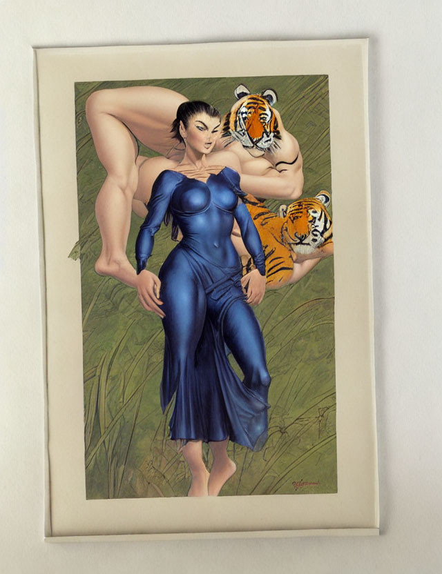 Framed artwork of fierce woman with tigers on grassy background