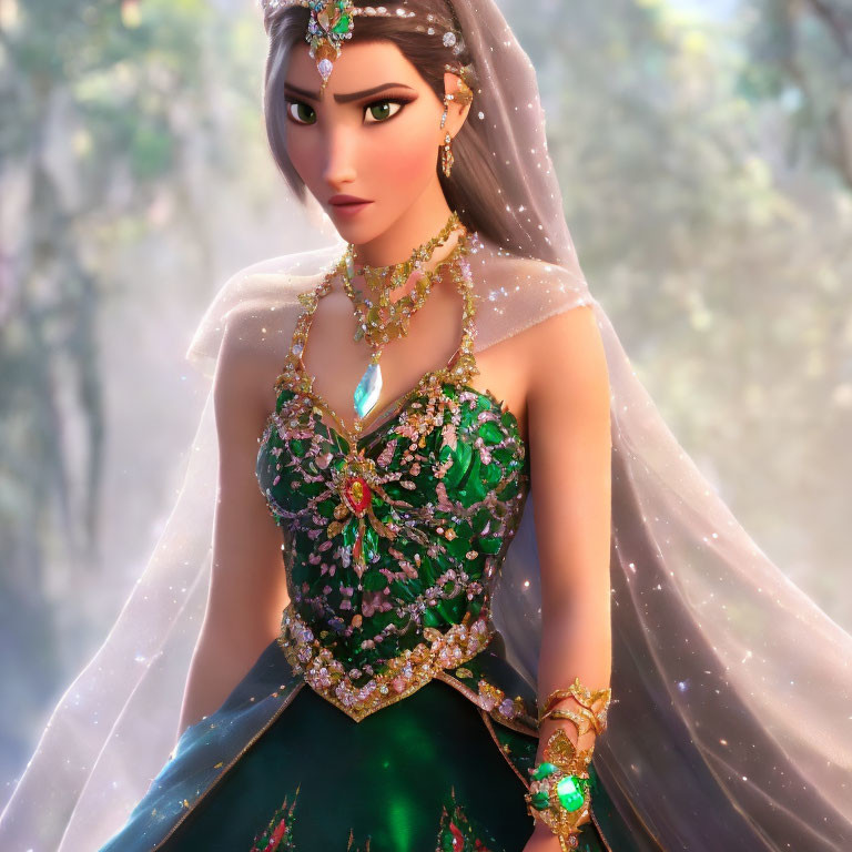 Jeweled green dress princess in forest setting