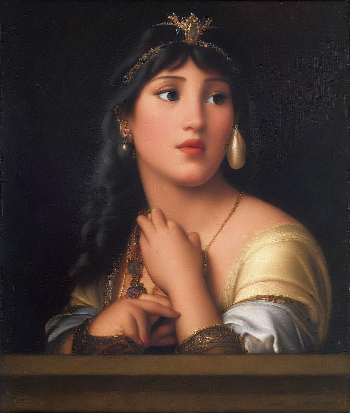 Portrait of Woman in Contemplative Pose with Gold and Black Headband