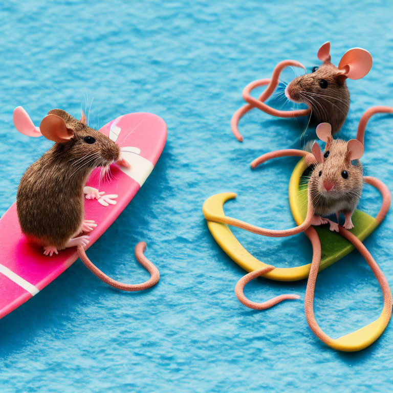 Miniature surfboard toy mice on blue textured background.