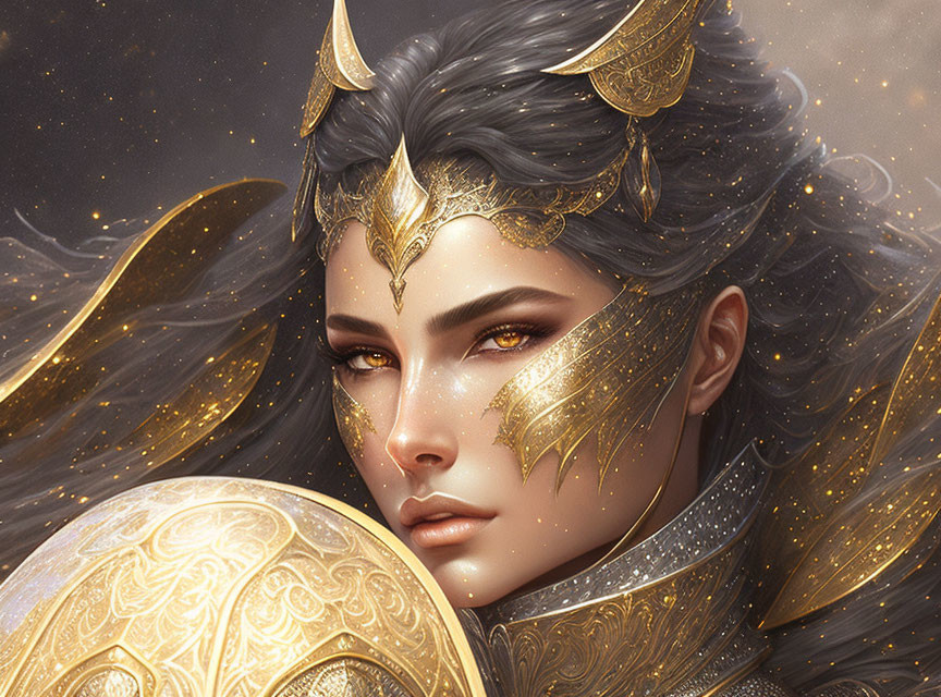 Golden-armored female figure with mystical sphere in shimmering background