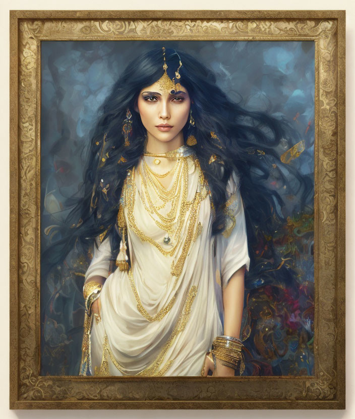 Portrait of Woman in White and Gold Traditional Attire in Ornate Frame