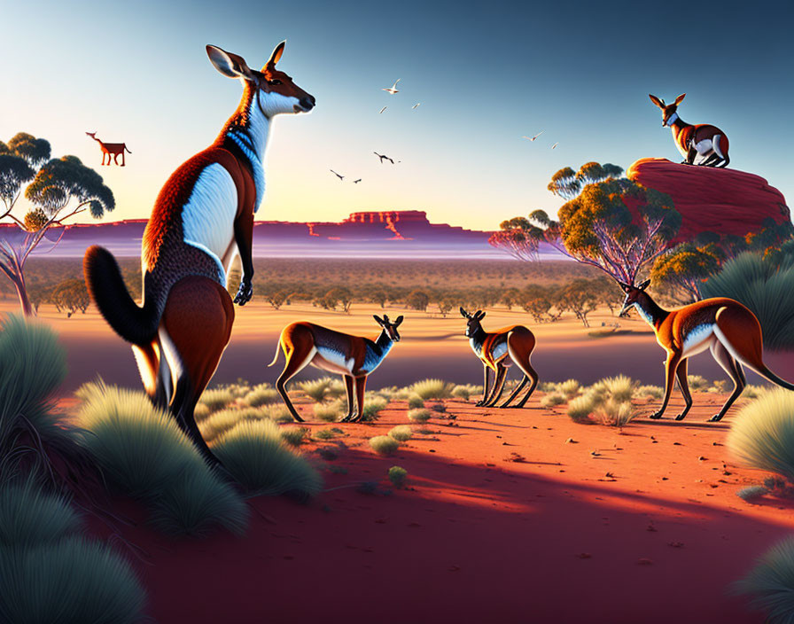 Australian Outback scene with kangaroos, red soil, rock formation, sparse greenery, and