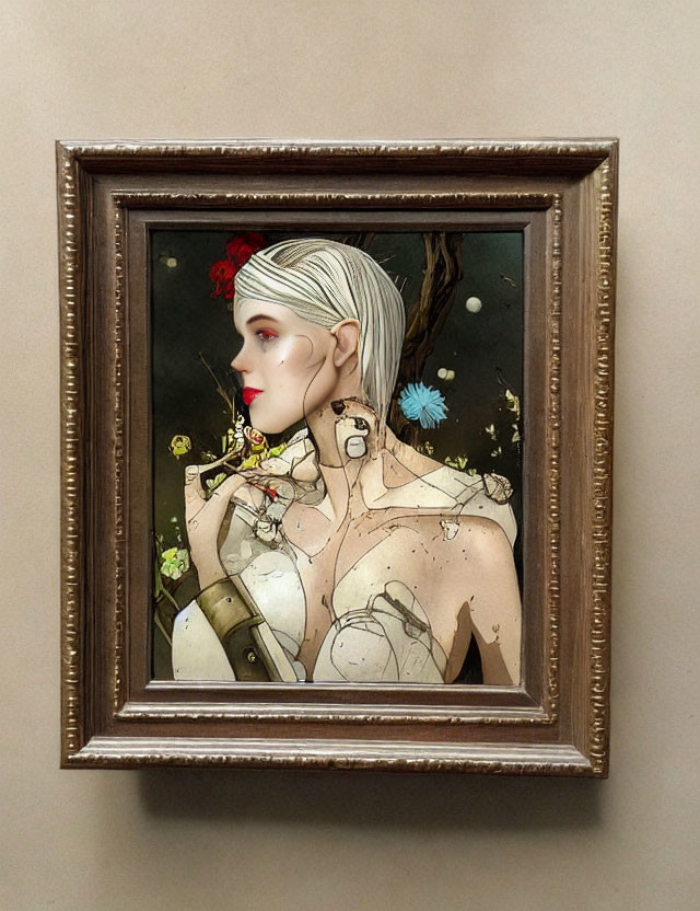 Stylized female figure with white hair and robotic body adorned with flowers on wall.