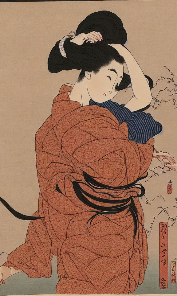 Japanese ukiyo-e woodblock print of woman in Kimono fixing hair