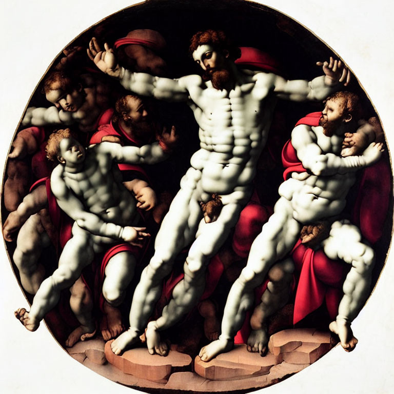 Circular Renaissance Painting: Man with Multiple Limbs Surrounded by Cherubic Figures