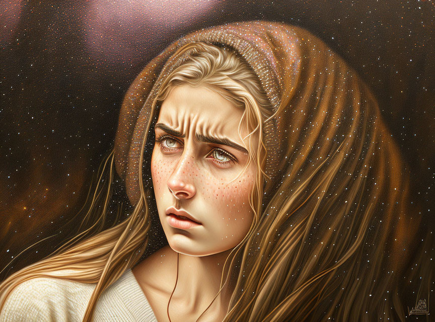 Young woman's digital portrait with pensive expression and galaxy-themed hood.