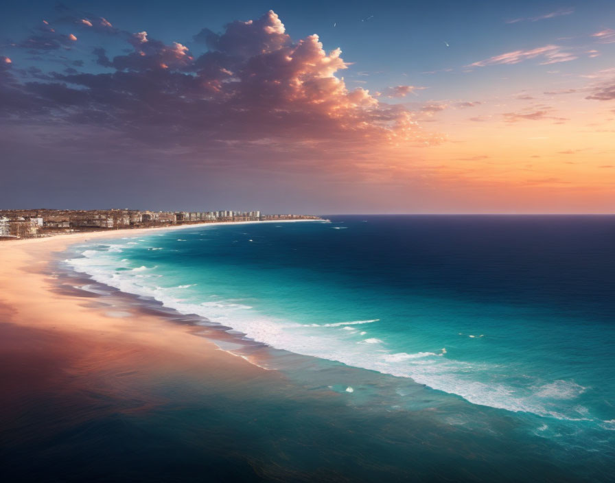 Coastal City Sunset: Turquoise Waters, Sandy Beach, Colorful Sky