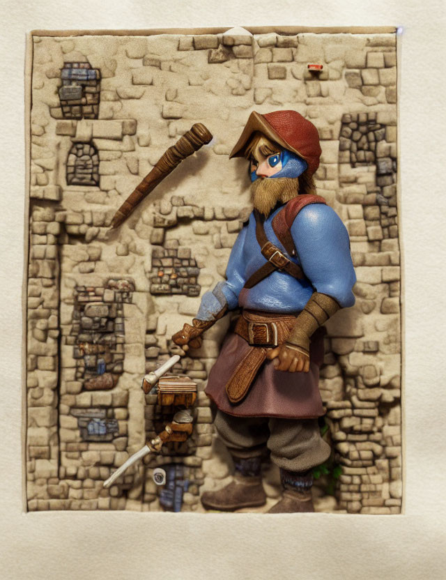 Fantasy Adventurer Figurine with Sword and Shield on Stone Backdrop