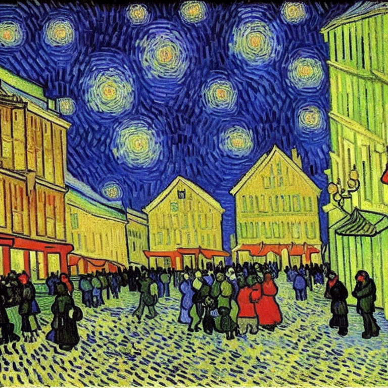 Vibrant night scene painting with swirling blue sky and yellow-lit buildings