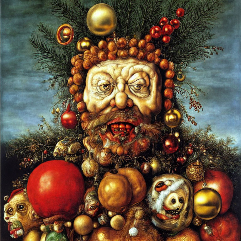 Surreal Christmas-themed face with ornaments and fruits