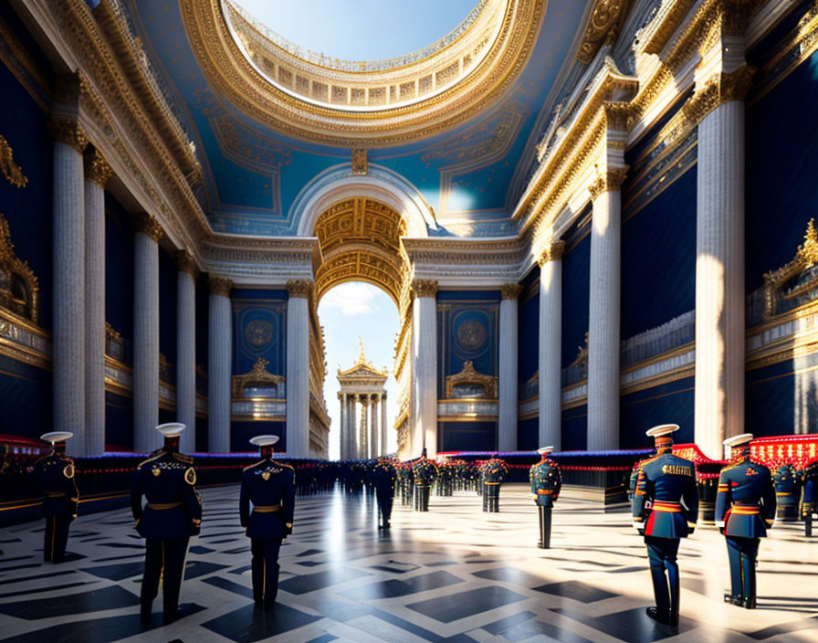 Opulent grand hall with blue and gold ceiling, ornate columns, uniformed guards, and golden