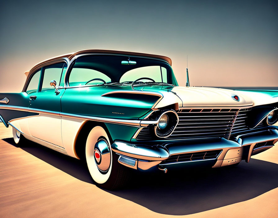 Classic Blue and White Car with Tailfins and Chrome Detailing under Gradient Sky