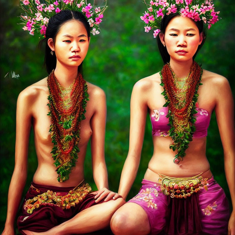 Two women in traditional attire with floral crowns and beaded necklaces, sitting in lush greenery