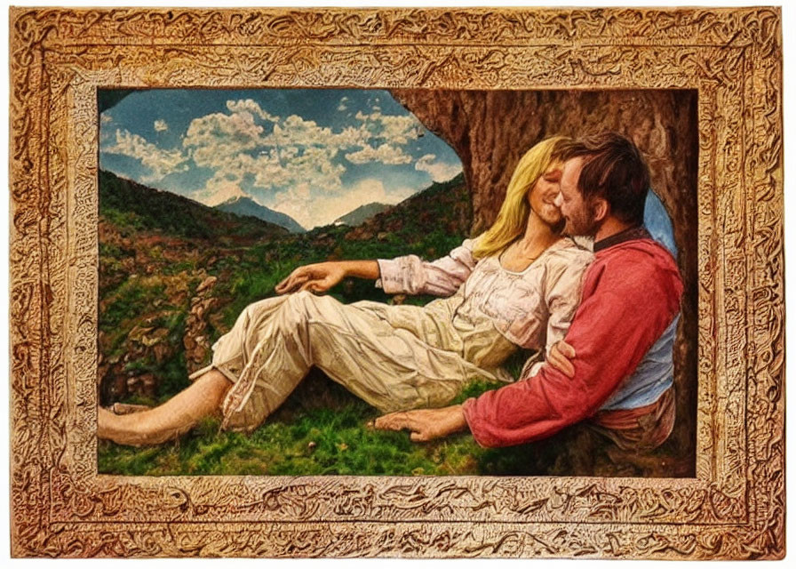 Couple Sitting by Mountain Landscape in Ornate Frame