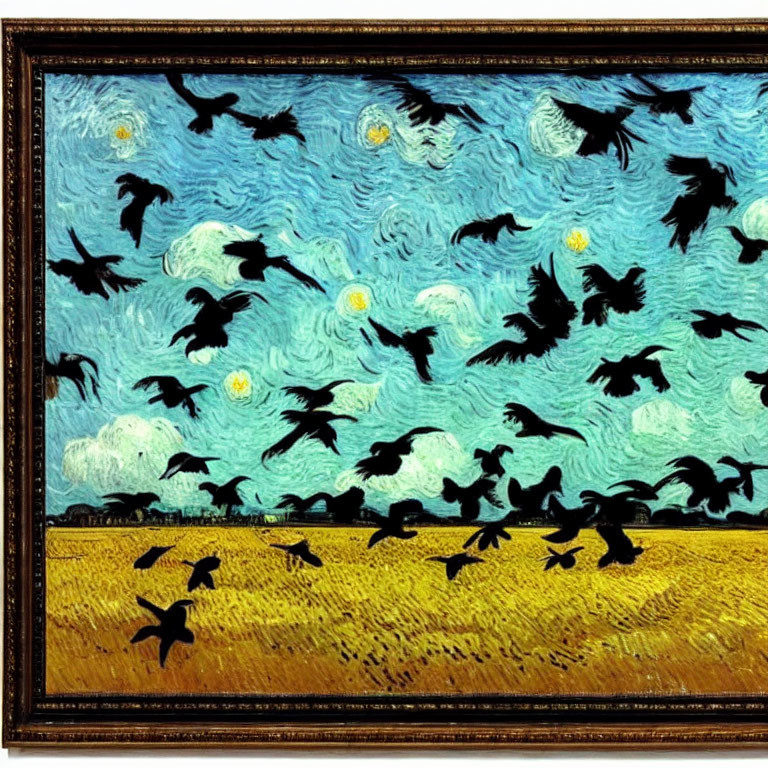 Digitally altered artwork: Birds silhouettes in flight over golden field.