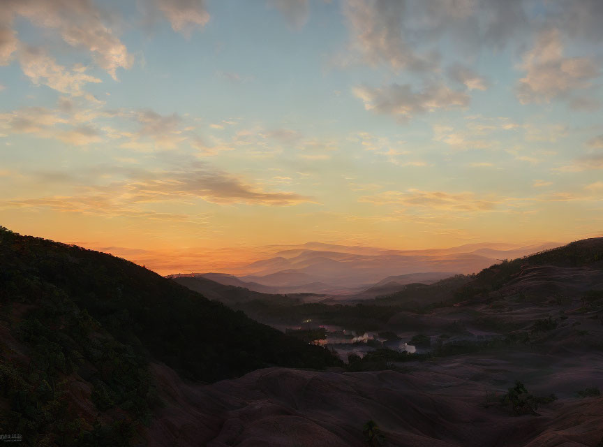 Tranquil sunrise landscape with hills, calm river, and mountain silhouettes