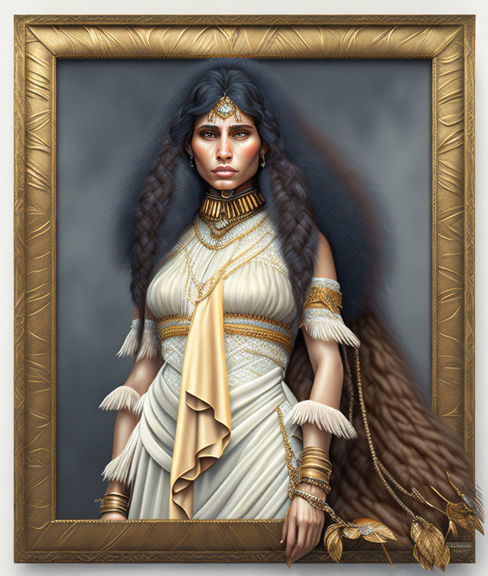 Regal woman portrait with braided hair, gold jewelry, white dress in ornate golden frame