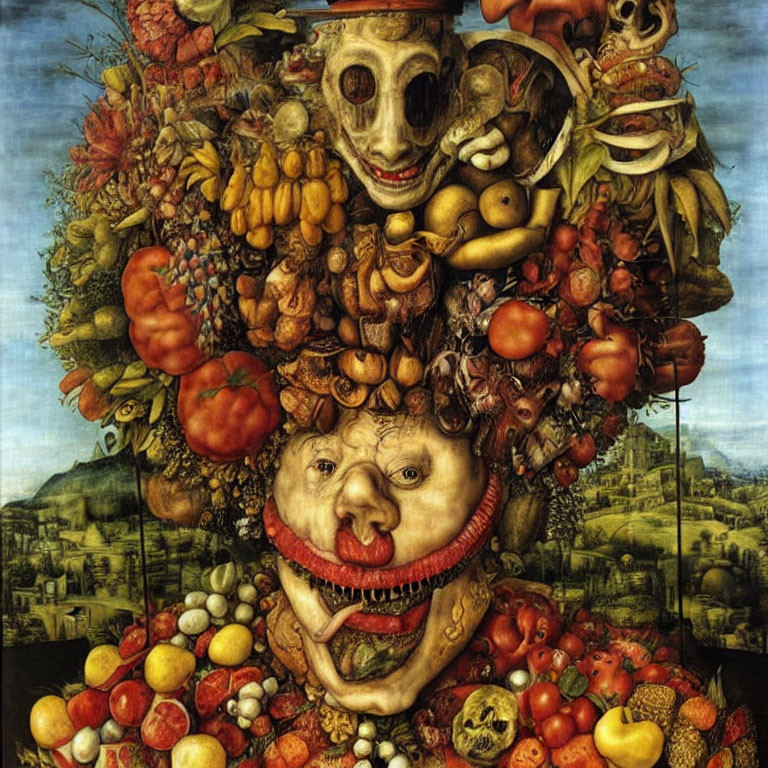 Artistic painting of face made of fruits, vegetables, and meats in a landscape.