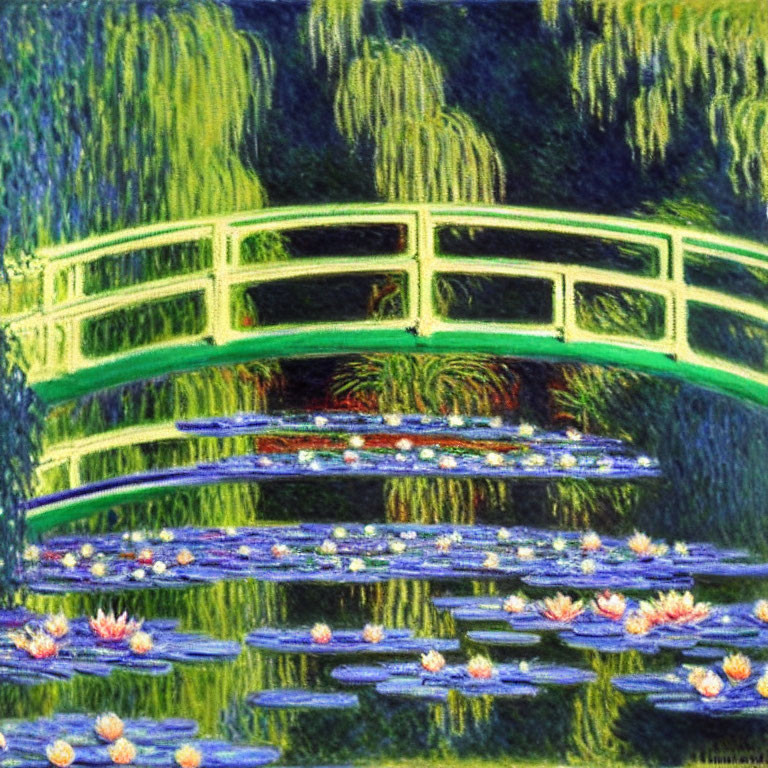 Vibrant Impressionist painting of bridge over lily pad pond